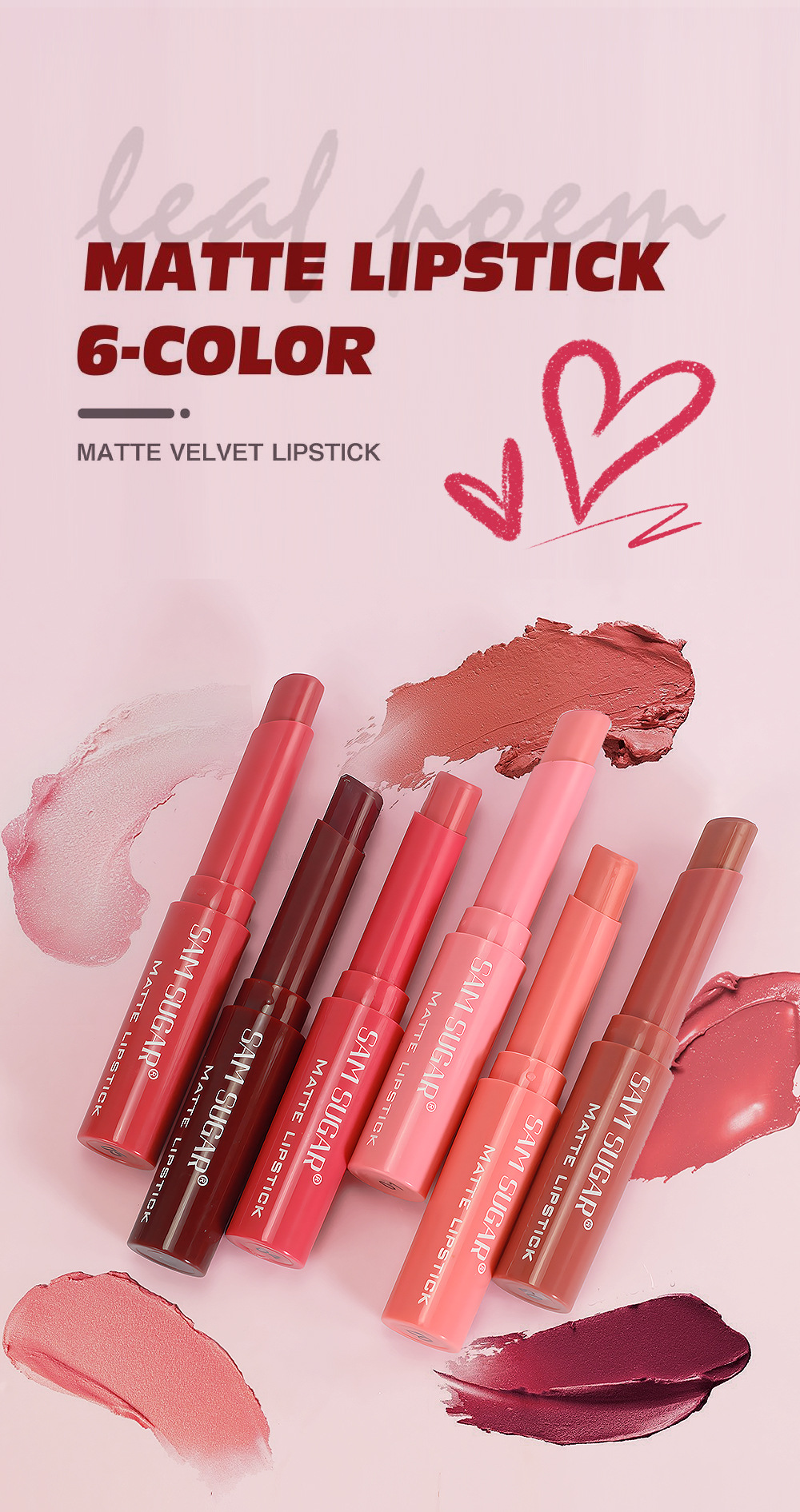 SAM SUGAR 6-color velvet matte Lipstick pen Easy to apply bevel rotating Lipstick details Picture