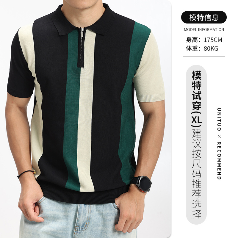 Hombres Europeos y americanos a rayas polo de punto hombre lujo ligero de alto nivel con solapa casual de manga corta con camiseta de cuello de hombre