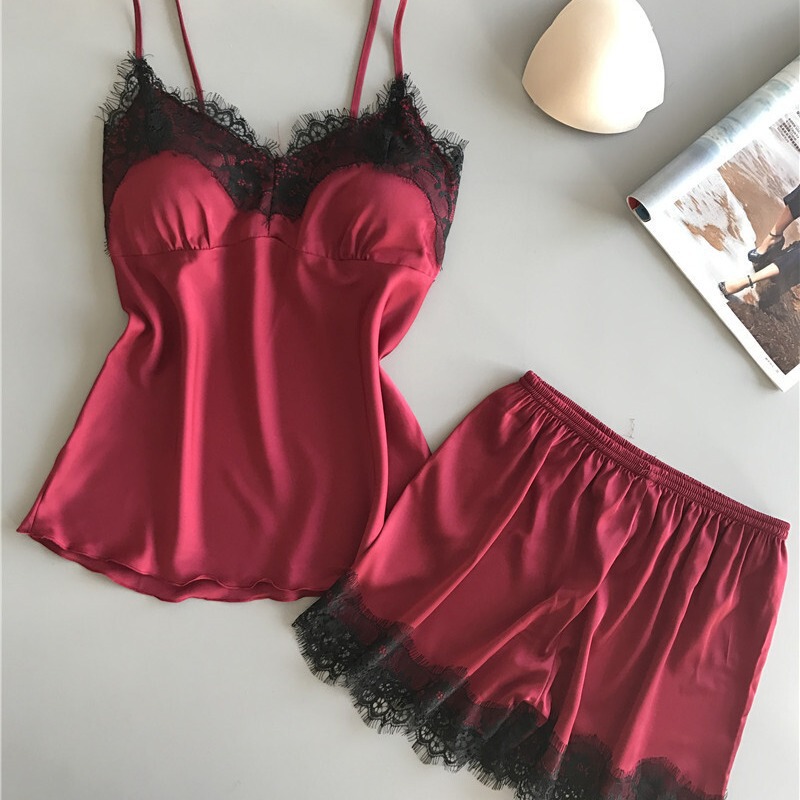 2019 Suspender Pajamas for Women Summer Sexy Ice Silk Two-Piece Suit with Silk Shorts Push-Up Large Size Thin Home Clothes