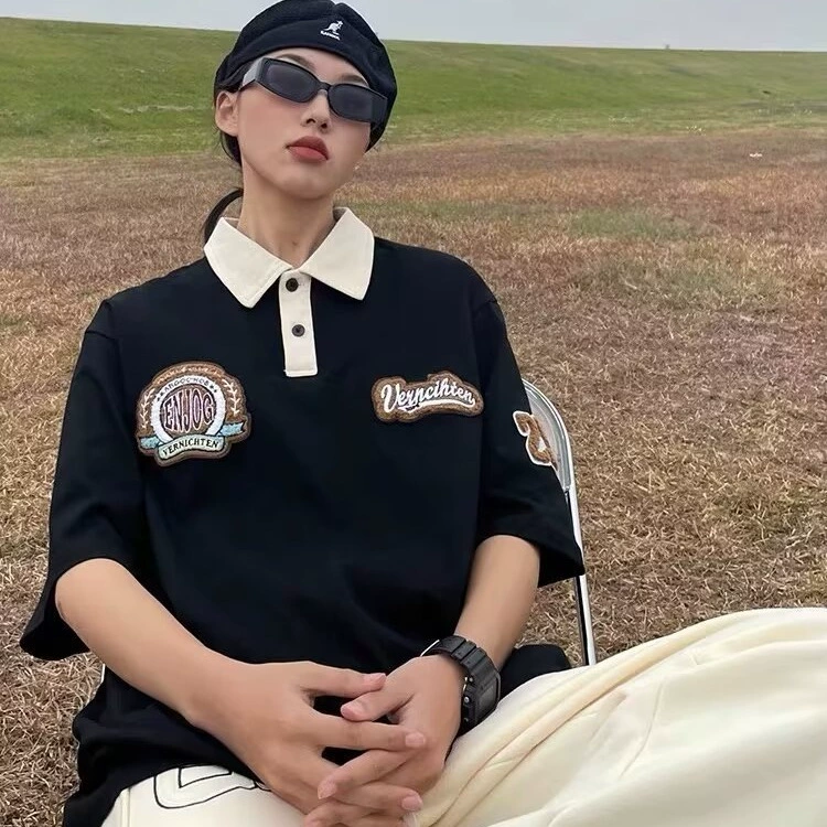 Японское ретро polo, с вышивкой, с коротким руковом, oversize