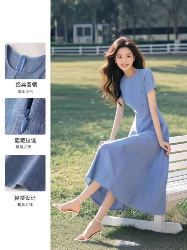 哥家商场同款女装2025夏季气质通勤A字裙子显瘦圆领收腰连衣裙|undefined