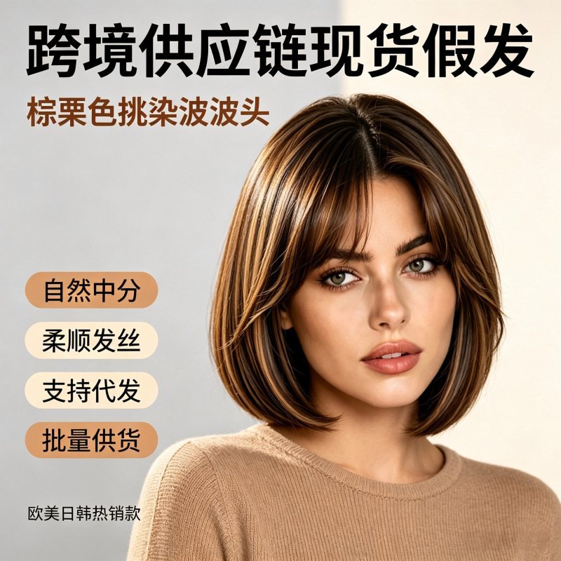 Cross-border foreign trade highlighted brown short BOB wig with air bangs, high-temperature fiber, women's full head wig, wholesale from source factory Cross-border foreign trade highlighted brown short BOB wig with air bangs, high-temperature fiber, women's full head wig, wholesale from source factory
