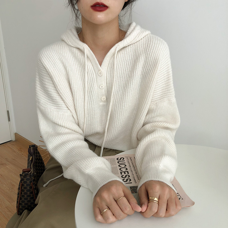 Suéter de mujer invierno / otoño abrigo temperamento de alto nivel japonés / coreano relajado chaqueta de viento con correa de correa variada camisa de punto con capuz image 1
