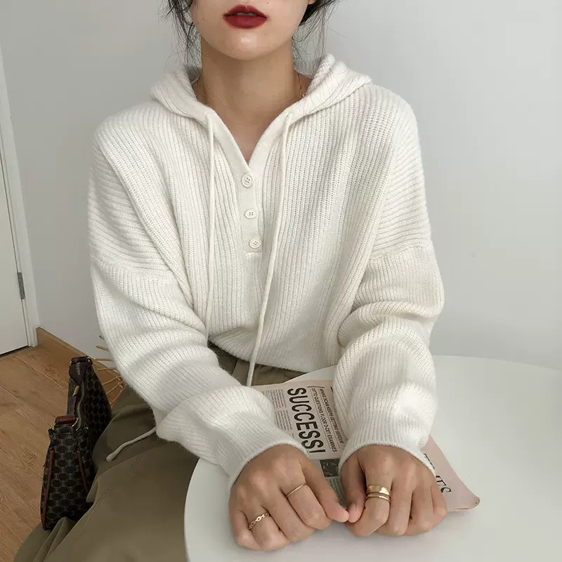 毛衣女秋冬装外套女气质高级感日韩慵懒风套头百搭系带连帽针织衫
