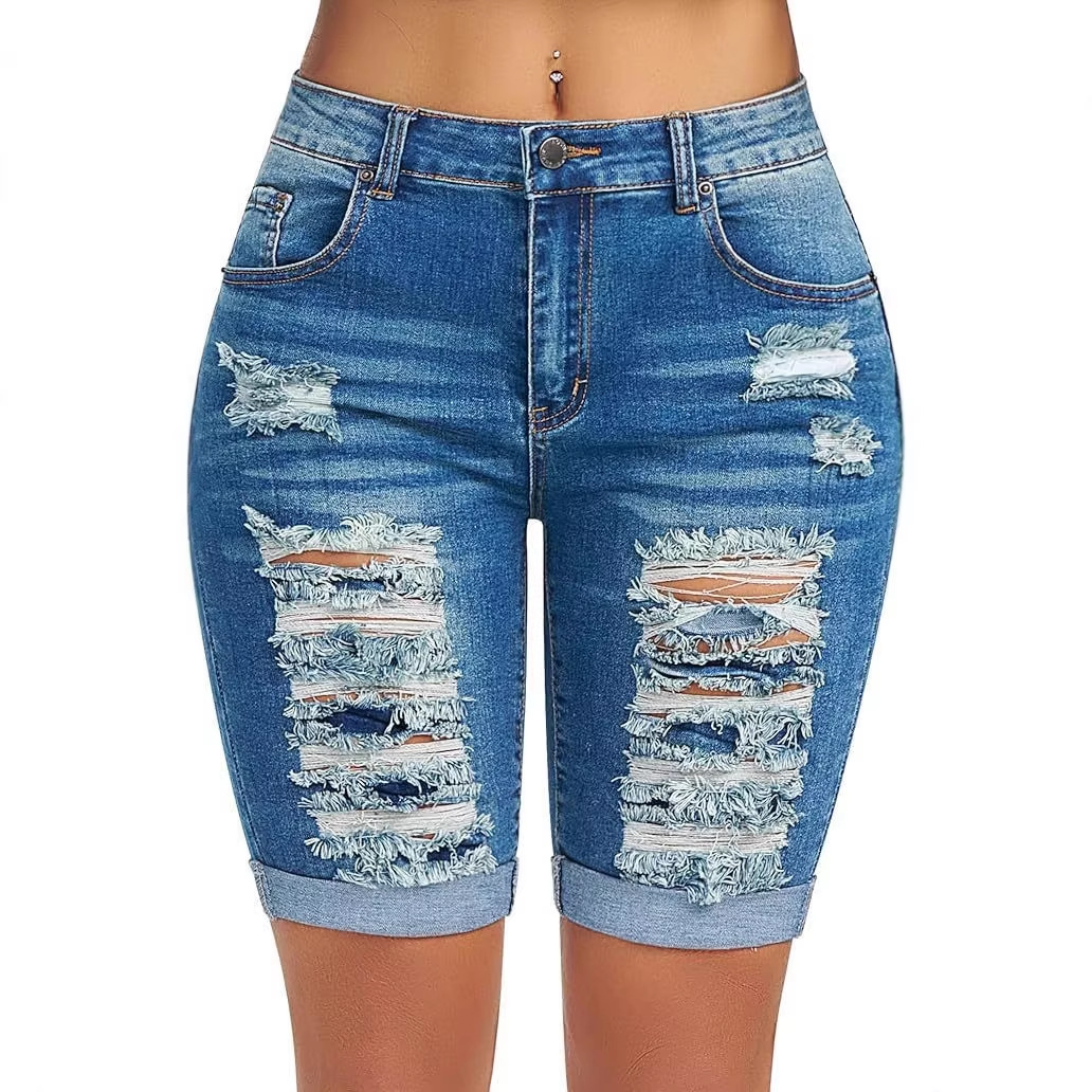 European and American Foreign Trade Summer Cross-Border Amazon Hot-Selling Handmade Distressed High-Waisted Washed Ripped Denim Straight-Leg Pants for Women