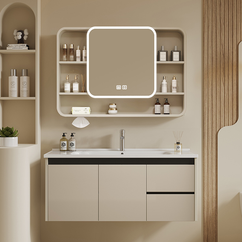 Bathroom Cabinet and Washbasin Combo with Integrated Ceramic Basin, Curved Smart Mirror Cabinet with Anti-Fog Feature, Wall-Mounted for Bathroom