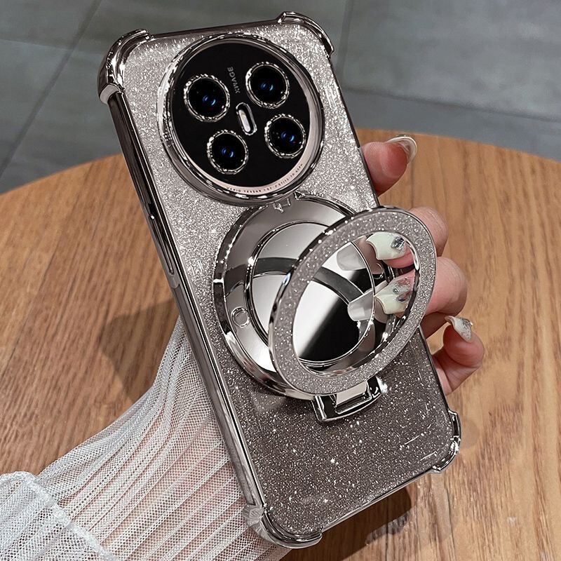 Suitable for Huawei Mate80 Glitter Anti-Fall Phone Case with Makeup Mirror Stand, Magnetic Suction, and Lens Film Wholesale Soft Case
