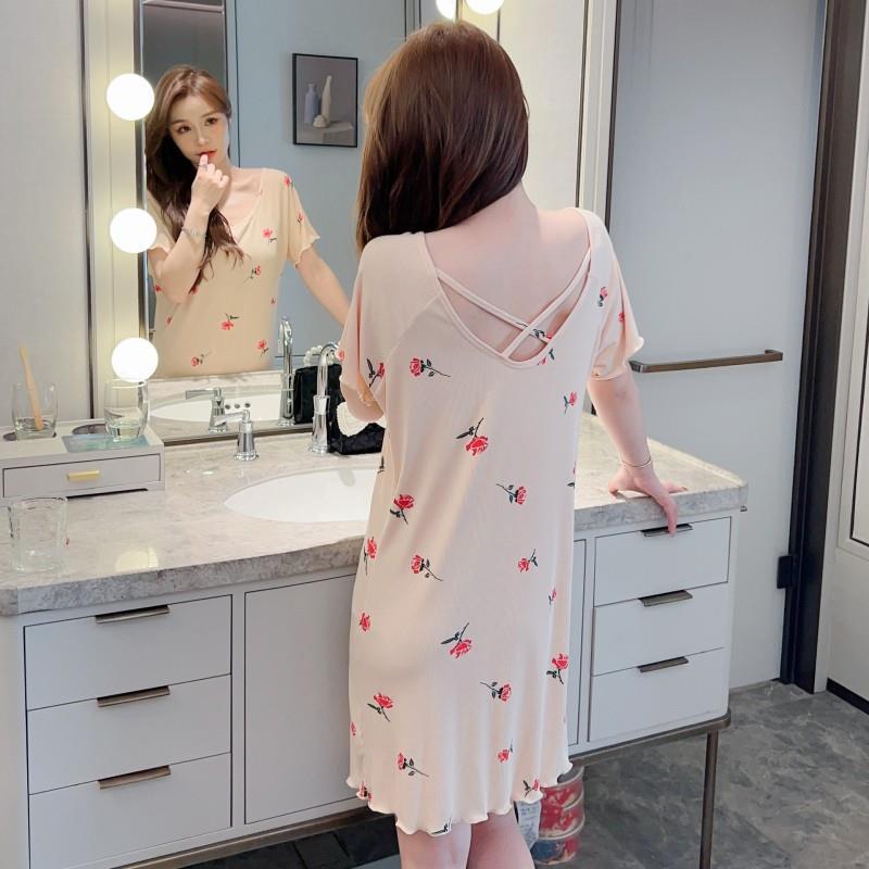 Venta directa de fábrica camisón de verano de manga corta para niñas pijamas modal sexy sin respaldo lindo flojo dulce ropa para el hogar