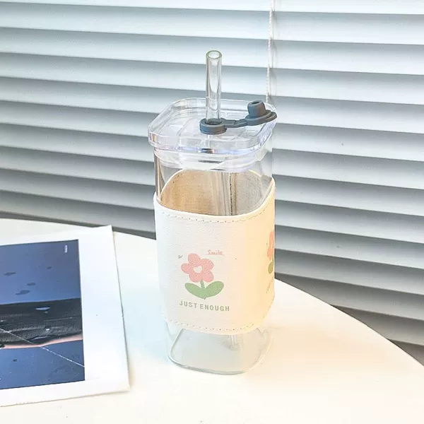 Square cup without handle + transparent lid + transparent tube + small flower cup cover ||
