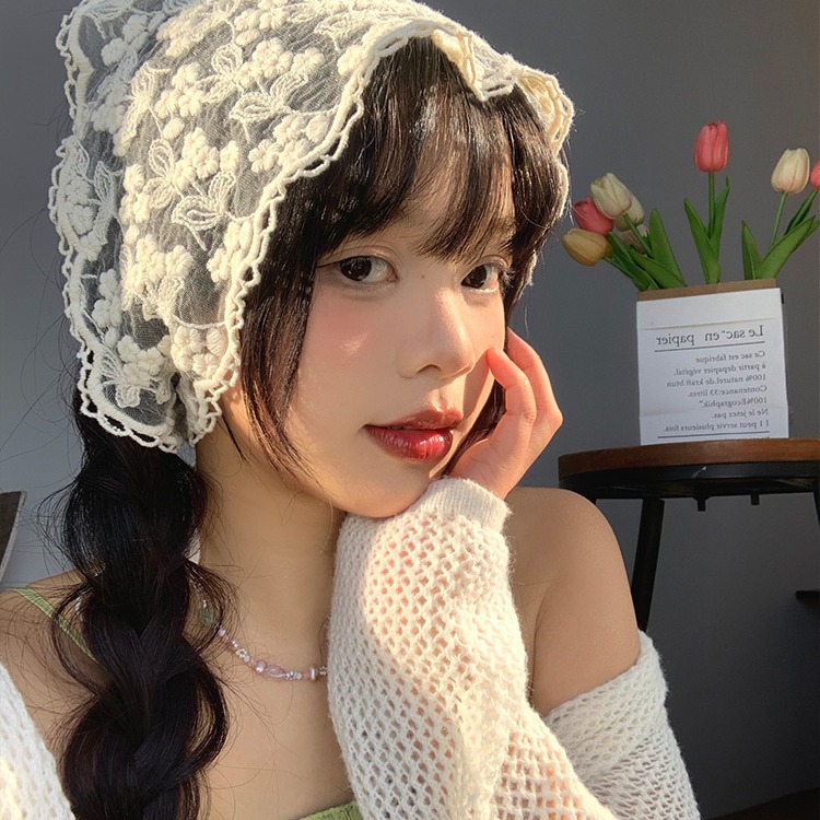 French Style Lace Flower Lace Triangle Scarf Hair Belt Mori Style Pastoral Style Headscarf Fashion Internet Celebrity Atmosphere Hair Accessories for Women