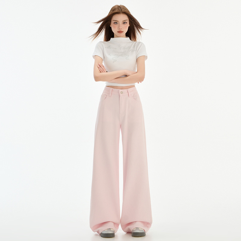 Pink Wide Leg Jeans Women's 2025 Spring and Summer New High Waist Dipped Slim Look Straight Loose All-match Mop Pants