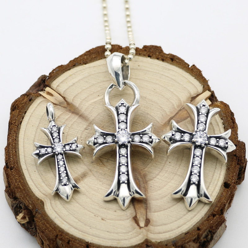 Trendy Sterling Silver Cross Pendant, Men's Fashionable Korean-Style Silver Jewelry with Diamond Necklace Pendant, Women's Sweater Chain Rose Cut