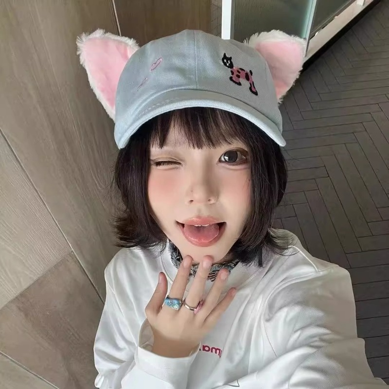 子猫野球帽、新鮮で甘い韓国風女の子野球帽、ベルベット立体かわいい猫耳多用途ひさしキャップ|undefined