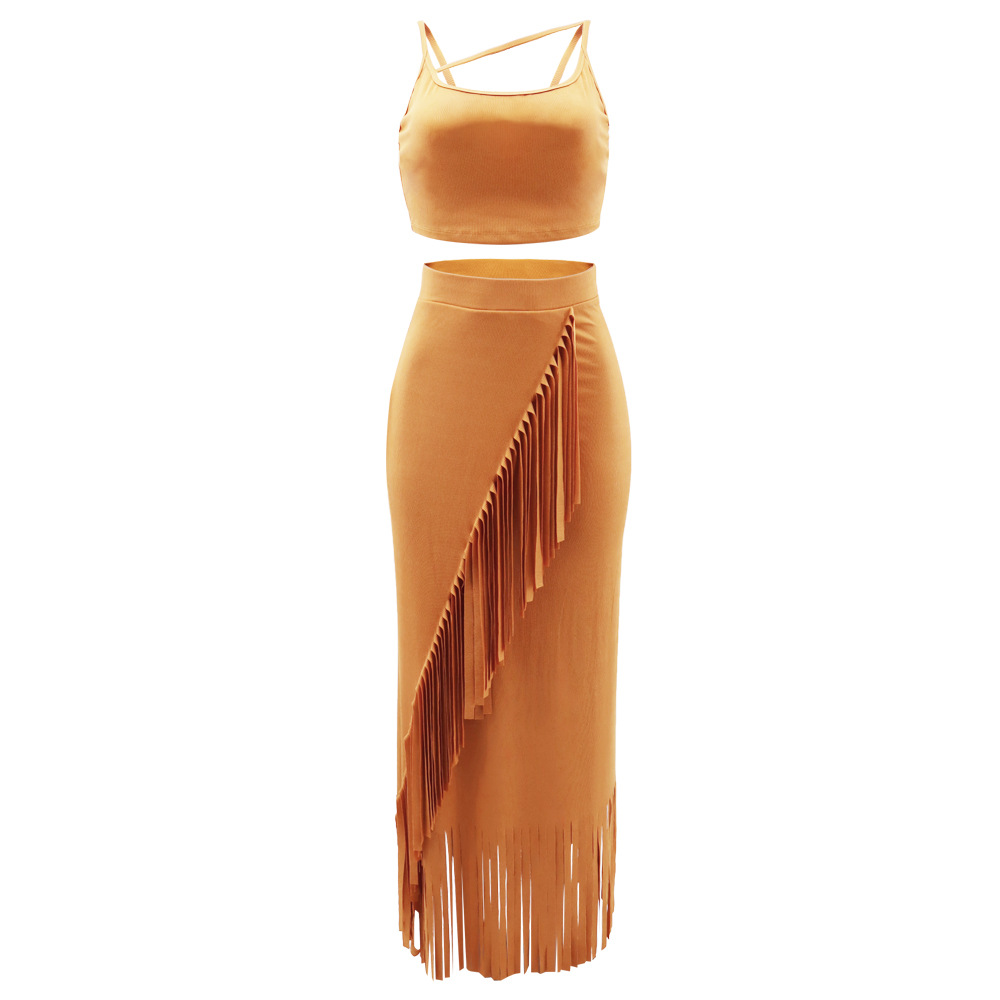 Sleeveless Cropped Short Vest Small Pit High Waist Tassel Dress Two Piece Set 5 Sleeveless Cropped Short Vest Small Pit High Waist Tassel Dress Two Piece Set