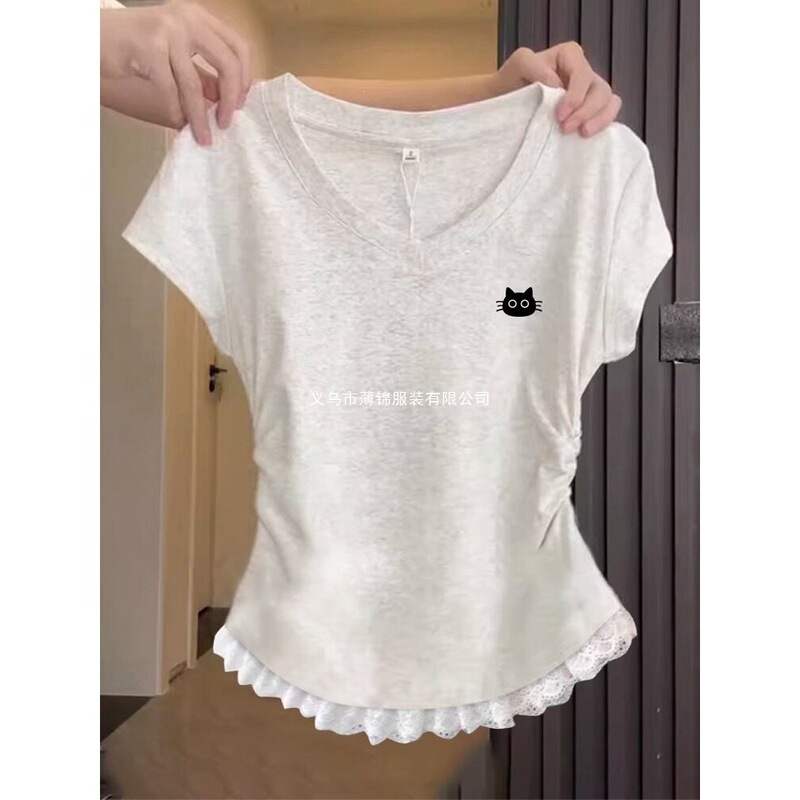 Especially Beautiful Summer Waist-Cinching Tops for Women, 2026 New Hot-Selling Style, Super Attractive V-Neck Blouse, Slimming Short-Sleeve T-Shirt