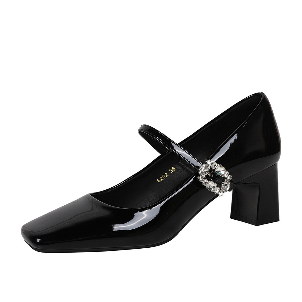 6292-K111 Banquet Mary Jane Women's Square Toe Shallow Mouth Patent Leather One Strap Rhinestone Buckle Chunky Mid Heel_vogvips.com