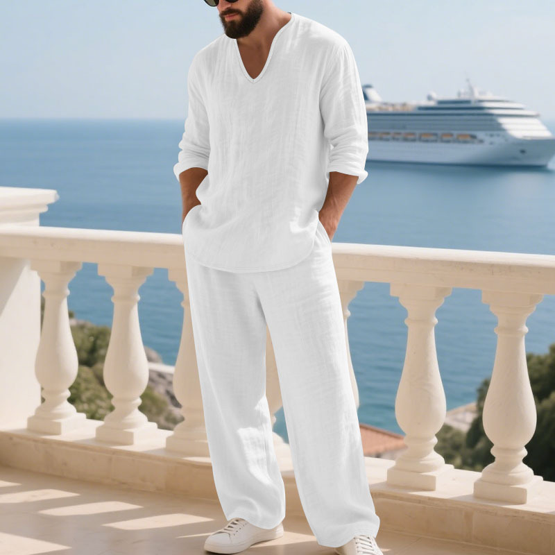 Herren Leinenanzug Für Den Herbst Casual Beach V-ausschnitt Set_voghion.com