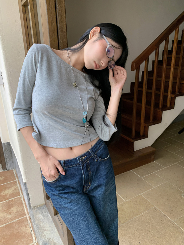 [9hour]美式甜辣风正肩t恤女 2025秋季百搭中袖微弹上衣女c250635|undefined