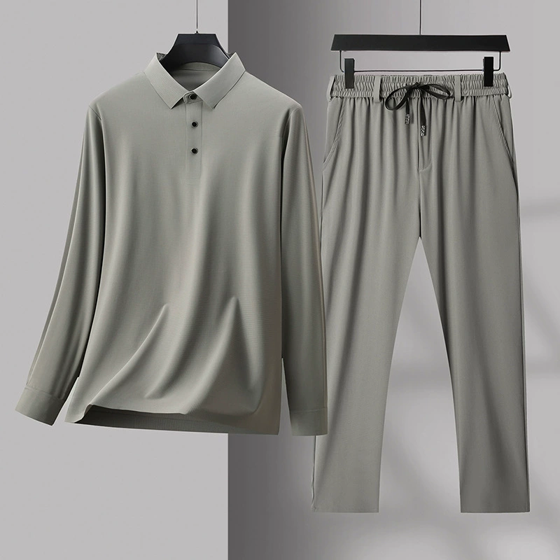 Шелковый мужской деловой повседневный костюм, летняя мужская тонкая бесшовная рубашка-поло, футболка с длинными рукавами, две вещи