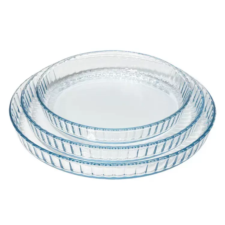 圆形条纹烤盘微波炉蒸烤箱带盖器皿耐高温餐具家用容器鱼盘披萨盘