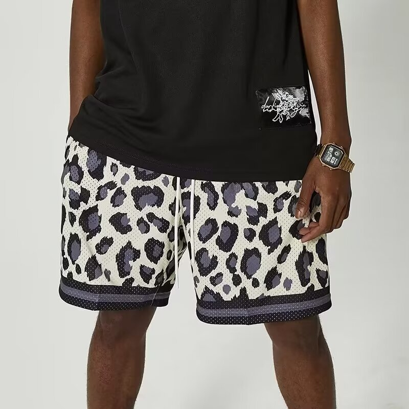 Cross-border European and American style shorts men's sports leopard print four-point basketball double-layer mesh quick-drying casual running shorts wholesale