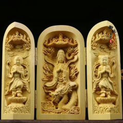 ツゲの木彫り三開き手飾り観音西方三聖小物無垢材文具工芸品無垢材手飾り