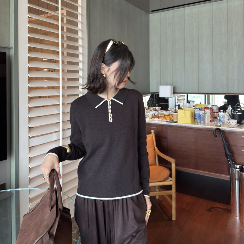 [Special Offer, No Refunds or Exchanges] Merino Wool Autumn and Winter Simple Design Lapel-Trimmed Women's Long-Sleeved Polo Shirt