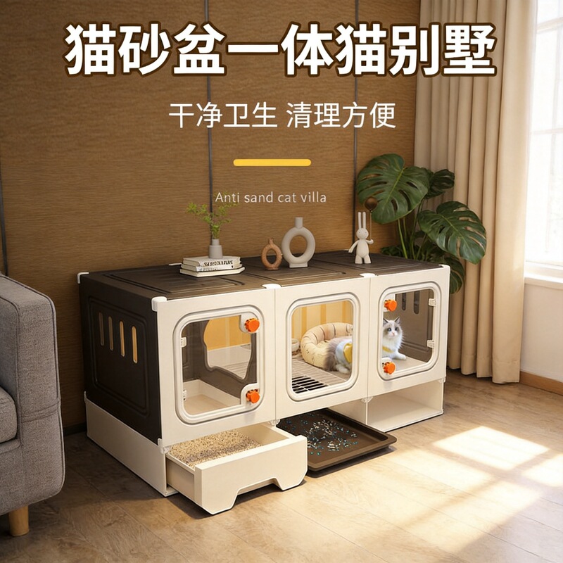 Cat cage for home use, indoor villa-style cat house with integrated toilet, one bedroom, one living room, one bathroom, cat cabinet, small space, large room Cat cage for home use, indoor villa-style cat house with integrated toilet, one bedroom, one living room, one bathroom, cat cabinet, small space, large room