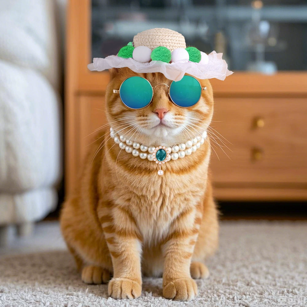 Летнее домашнее животное соломенная шляпа жемчужное ожерелье выходит домашнее животное солнцезащитные очки три комплекта домашнее животное напольный костюм кошка одеваются