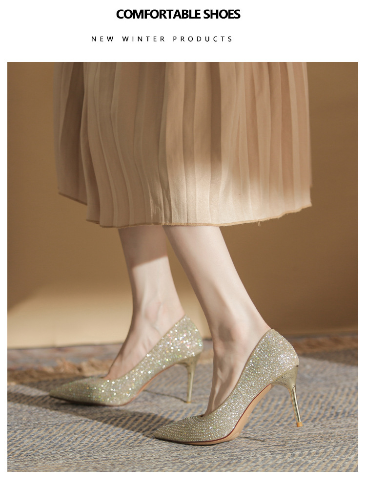 2024 New Water Diamond High Heels Women's Wedding Shoes New Versatile Bright Diamond Women's Shoes Hot Diamond Pointed Thin Heel Shoes_voghion.com