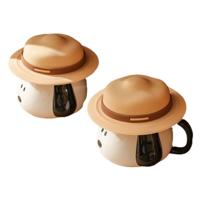 Taza creativa con forma de sombrero de paja de Snoopy con tapa, taza de cerámica auténtica con asa, taza de desayuno, taza de café, regalo al por mayor