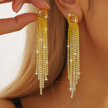 欧美跨境水钻合金几何长款流苏耳环街拍新娘婚庆晚宴大气耳饰饰品