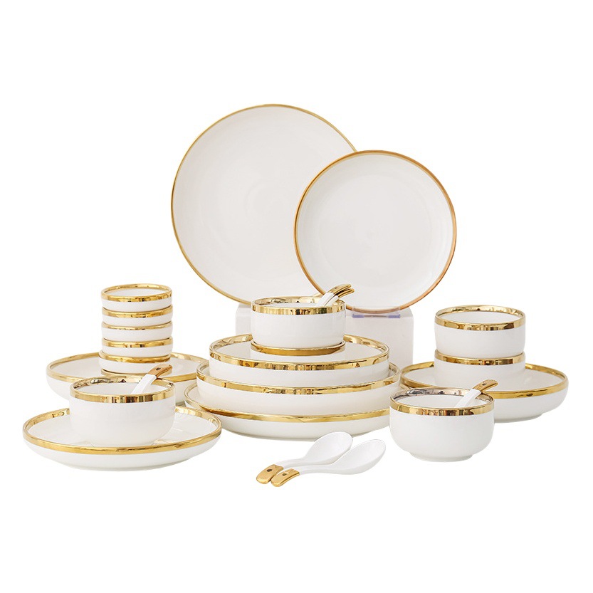 Tazón y plato de borde dorado de lujo ligero de estilo nórdico traje de tazón de arroz de cerámica para el hogar tazón de sopa plato de verduras tazón y combinación de plato traje de vajilla