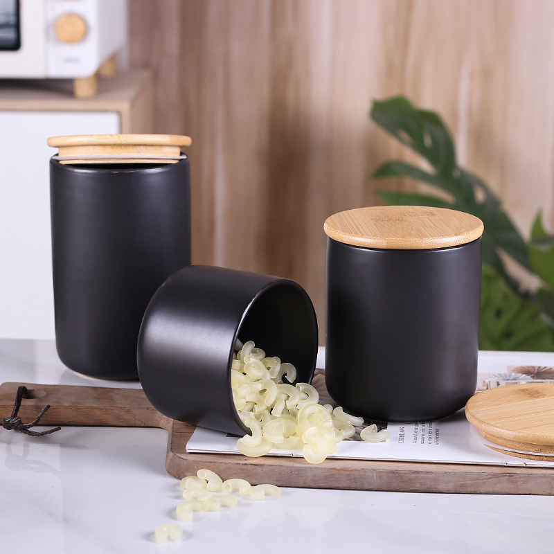 Cerámica nórdica simple cubierta de madera sellada lata de almacenamiento de alimentos de granos de cocina de té, dulces de café, tanque de almacenamiento de té