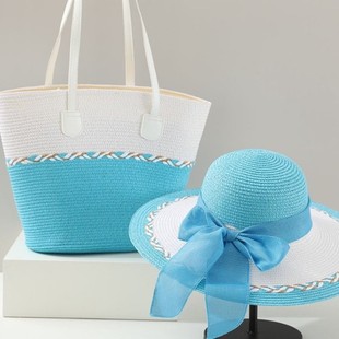 Hat Women's Two-Piece Summer Straw Tote Bag Dome Face-Showing Small Sun Hat Versatile Travel to the Seaside Beach