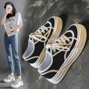 2021 Autumn and Winter New Big Head Canvas Shoes Women's Casual Lace-up Trendy Shoes Chic Retro Hong Kong Style Flat Sneakers 8550