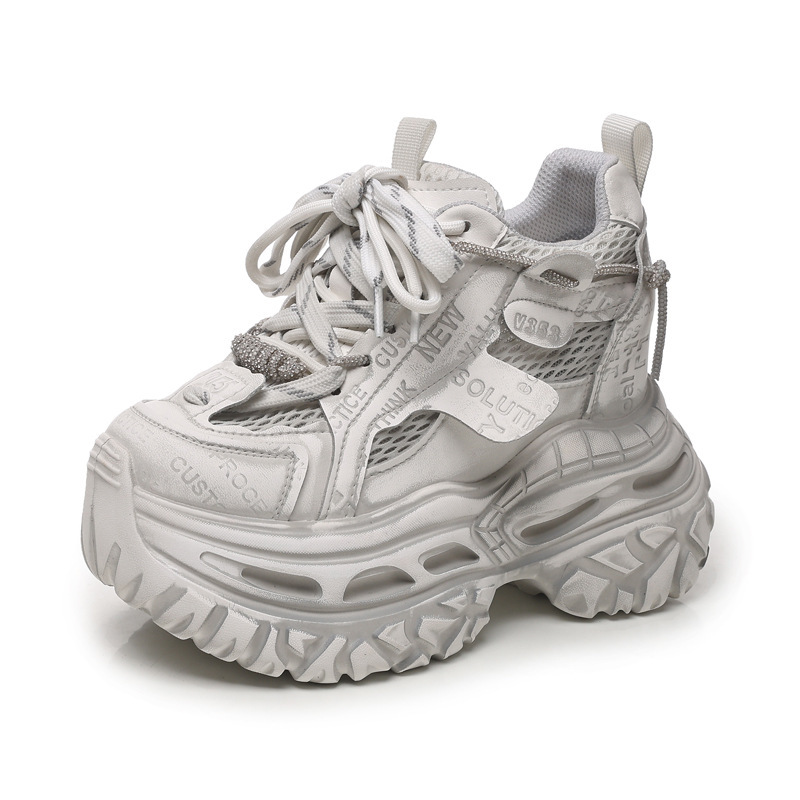 Giày sneaker nữ đế dày tăng chiều cao 12cm mặt lưới thoáng khí — Tro thô