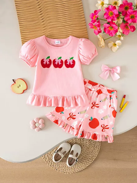 Foreign Trade Back-To-School Season Summer Toddler Sisters' Matching Outfit: Apple Embroidered Short-Sleeve Top + Plaid Shorts Girls' Two-Piece Set