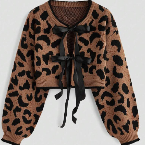 2026 Autumn/Winter New Leopard Print Drawstring Design Knitted Sweater Top Korean Style Loose Soft Pullover Sweater for Women Trendy