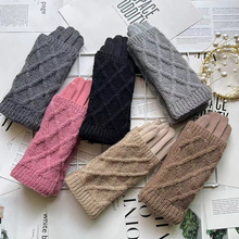 跨境批发毛绒手套女简约韩版加绒保暖手套花纹五指成人手套针织