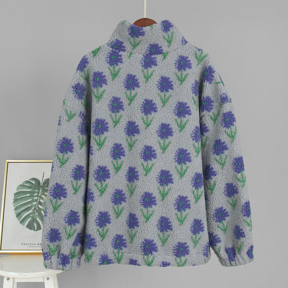 Áo nỉ lông cừu dệt jacquard nữ dáng rộng cổ cao nửa khóa kéo tay dài — Tím, màu xanh lá cây chi tiết 4