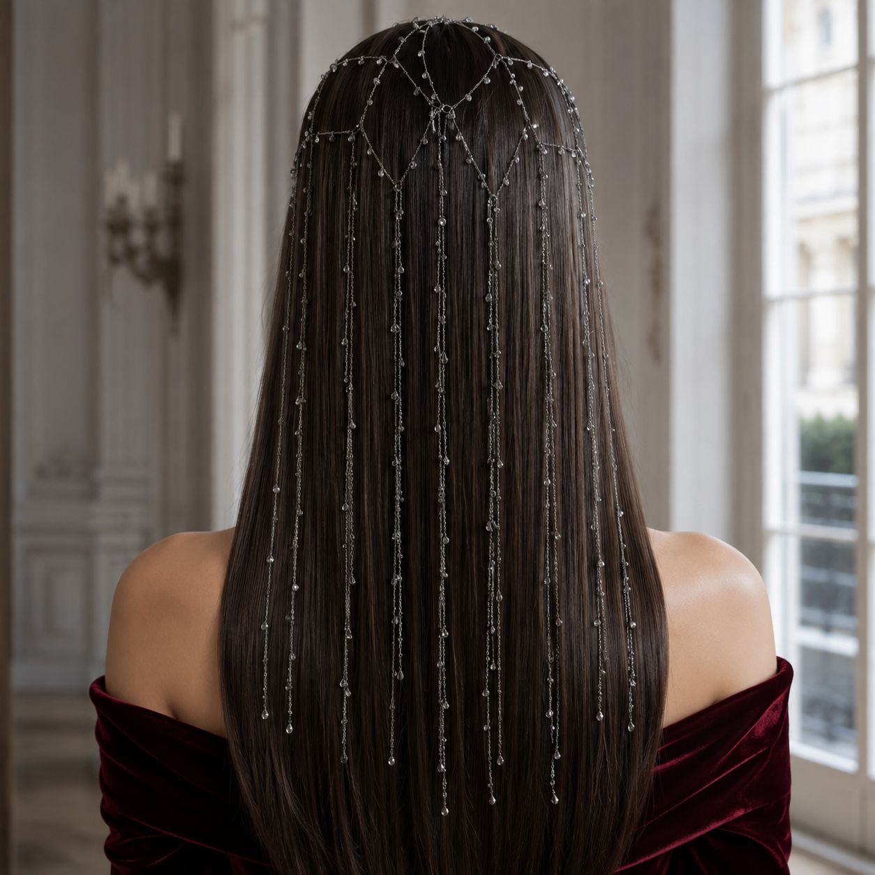 Amazon Hot Selling Tassel Grid Hair Chain European and American High-end Bride Rhinestone Headwear Hair Accessories Women's hair chain