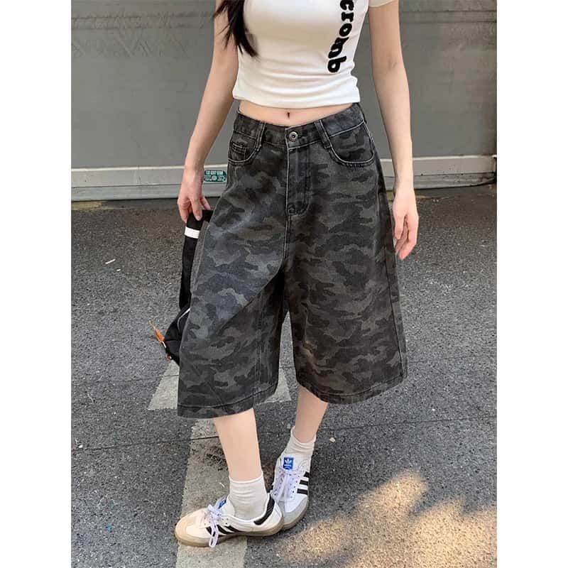 American Retro High-Waisted Denim Cropped Pants for Women, Camouflage Pants, Summer New Style 2025 Straight Wide-Leg Mid-Pants