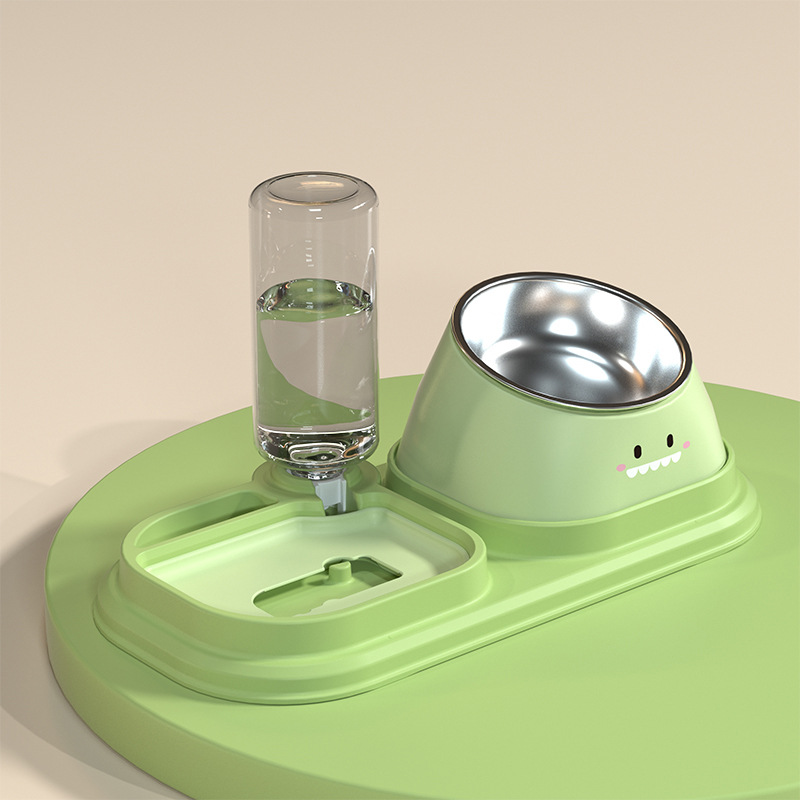 Cuenco de cerámica para gatos Cuenco para perros de acero inoxidable para proteger la columna cervical, boca oblicua, tazón doble, bebedero automático de comida lenta, tazón para mascotas tres en uno