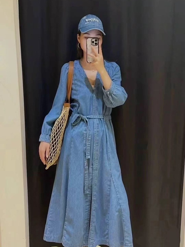 法式小众25年早秋新款复古简约七分袖V领系带中长款牛仔连衣裙女|undefined