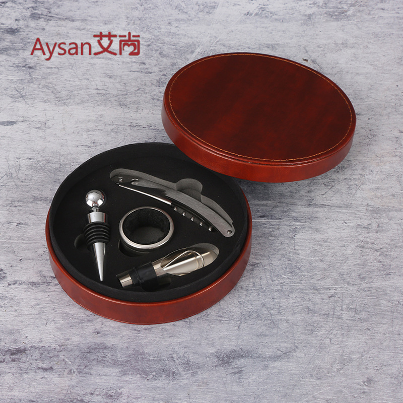 고급 가죽 나뭇결 원형 상자 4개 세트