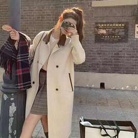 韩系米色大衣女中长款2025秋冬新款小众设计感撞色慵懒风跨境外套