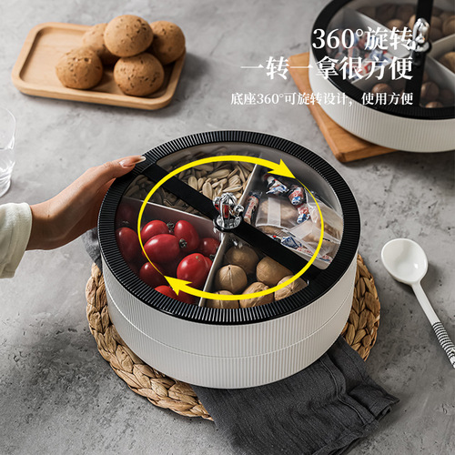 A lightweight, plastic, home-use living room storage box with a lid, a double-layer fruit bowl for snacks, a candy box, and a dry fruit bowl.