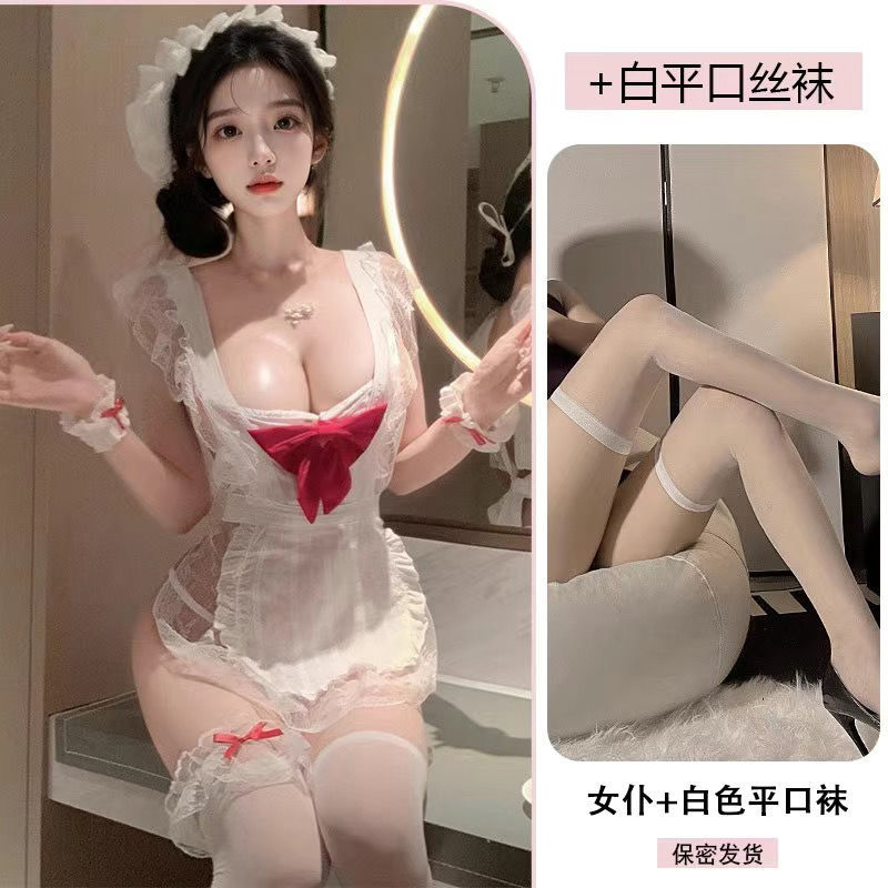 흰색 앞치마 메이드 + 흰색 플랫 스타킹