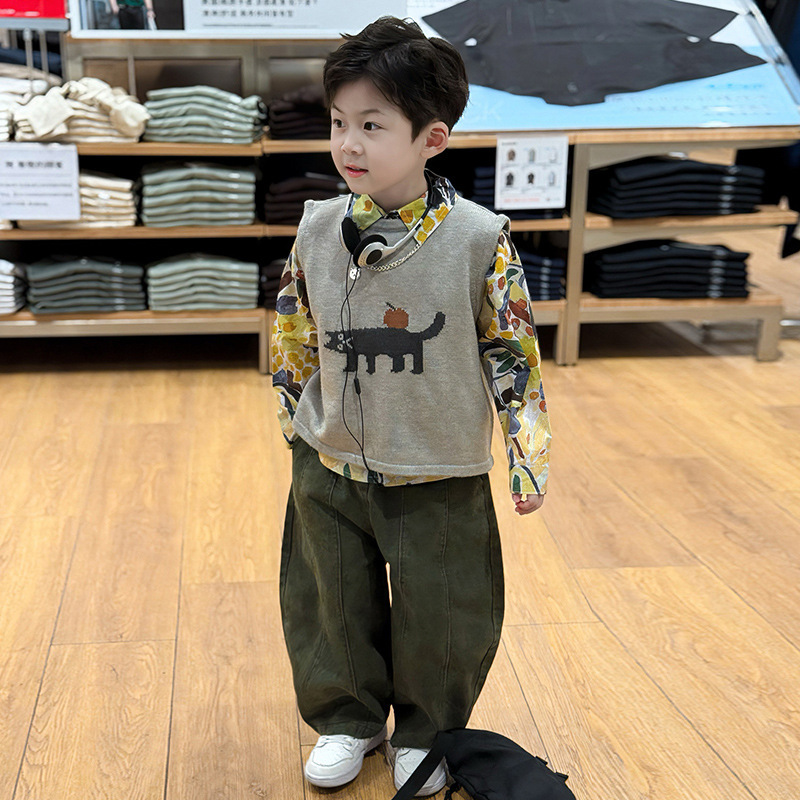 男童秋装套装2025新款帅气韩版宝宝衣服儿童春秋季毛衣马甲三件套|undefined